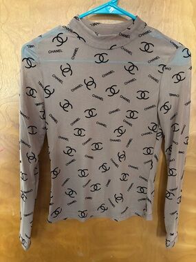 CHANEL Taupe Mesh Top with Black CC Logo Print